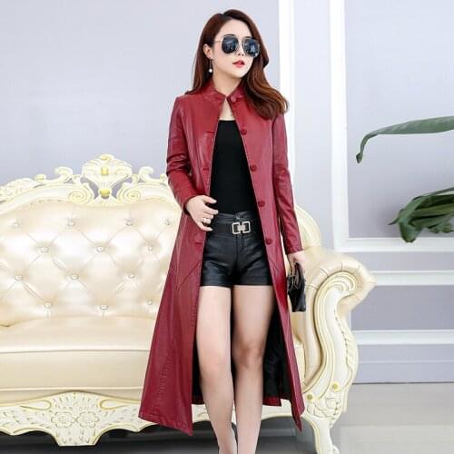 New Women Faux Leather Jacket With Belt Ladies Red Fashion Washed Leather Trench Coats Female Long Faux Sheepskin Outerwear 5XL