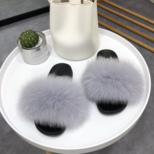 New Furry Indoor Flip Flops Real Fox Fur Slippers Women Home Fluffy Sliders Comfort Furry Summer Flats Sweet Ladies Shoes Female