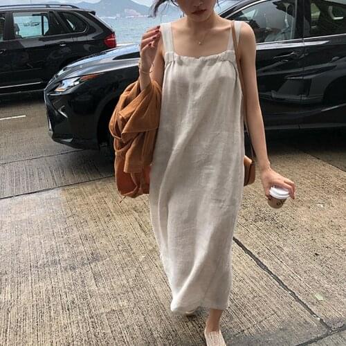 2021 New Women Summer Cotton Linen Long Tank Dress Backless Pullover Maxi Sundress Split Hem