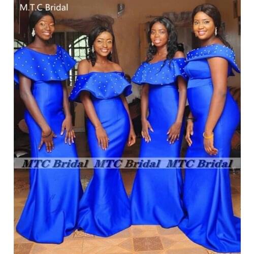 Long Mermaid Royal Blue 2021 Bridesmaid Dresses Off The Shoulder Corset Pearls Satin Black Women Wedding Party Gowns For Maids