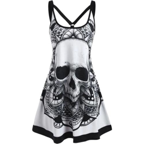 Plus Size Skull Print Women Sleeveless Shirt Dress 2021 Summer Gothic Style Ladies Casual V Neck Loose Short Mini Dresses Tank