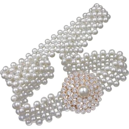 Women Bridal Imitation Pearl Stretch Waist Belt Chain With Rhinestone Buckle Wedding Dress Gown Decorative Jewelry Cummerbunds