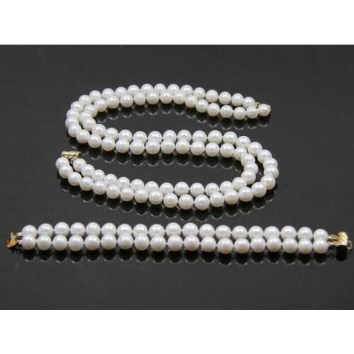 2row Noble 7-8mm Real Cultured Pearl Necklace Bracelet Earring Set