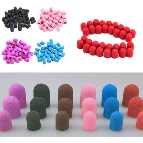 20pc 10*15/13*19 Nail Sanding Caps With Rubber Purple Blue Red Gel Remover Cutter Drill Bits Pedicure Cuticle Tools Accessories