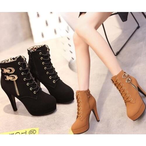 2018 Plus Size Ankle Boots For Women Platform High Heels Female Lace Up Shoes Woman Buckle Short Boot Casual Ladies Footwear