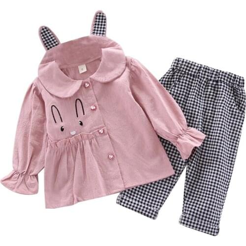 2019 Baby Girls Clothes Sets Autumn Cute Kids Girls Coats Jacket Tops+Plaid Pants Rabbit Design Outfits Children Sets