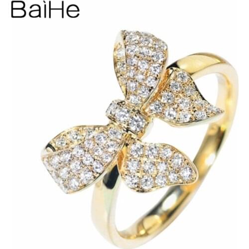 BAIHE Solid 14K Yellow Gold 0.49ct H/SI Round Natural Diamonds Wedding Trendy Fine Jewelry beautiful bowknot Diamond Gift Ring