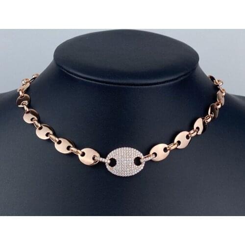 SLJELY Top Quality Solid 925 Sterling Silver Pink Gold Color Sailor Coffee Bean Chain Necklace with Zirconia Women Brand Jewelry