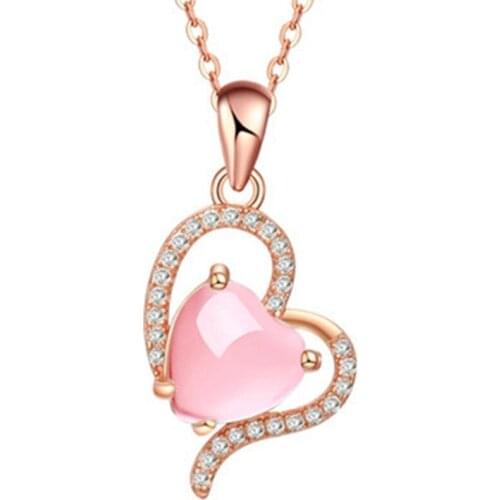 Rose Gold Color Double Heart Pink Quartz Pendant Link Chain Necklace with Rhinestone Trendy Jewelry