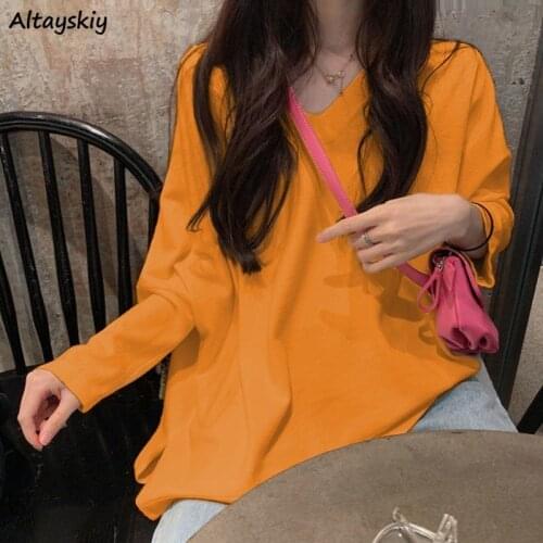 T-shirts Women Pure Spring V-Neck New Soft Simple Fashion Tops Ulzzang Loose College Lady Tees Casual All-match Various Colors