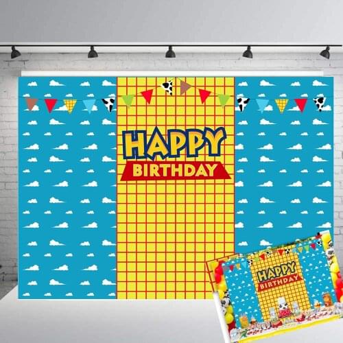 Blue Sky Yellow Lattice Photography Backdrop for Kids Cartoon Story Birthday Party Banner Western Cowboy Flags Background Photo