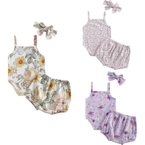 FOCUSNORM Lovely Infant Baby Girls Clothes Sets 2pcs Flower Print Sleeveless Romper Tops Shorts 0-24M 3 Colors