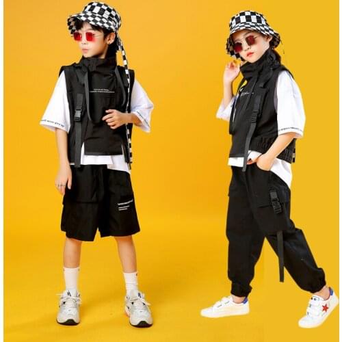 Street Dance Costume Hip Hop Boys Dance Clothing Cool Black Jacket Pants Modern Ballroom Clothes Kids Rave Hip Hop Costume L4798