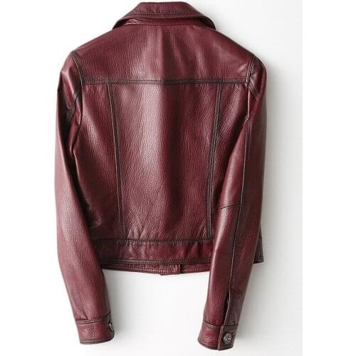High Quality Women Sheepskin Genuine Leather Jacket Single Breasted Short Coat Punk Leather Jackets Wine Red Slim Fit Outerwear