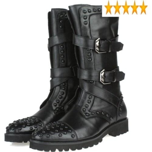 Korean Fashion Punk Style New Men Cowboy Boots Buckle Zipper Round Toe Riding High Boot Brand Luxury Genuine Leather Black Shoes