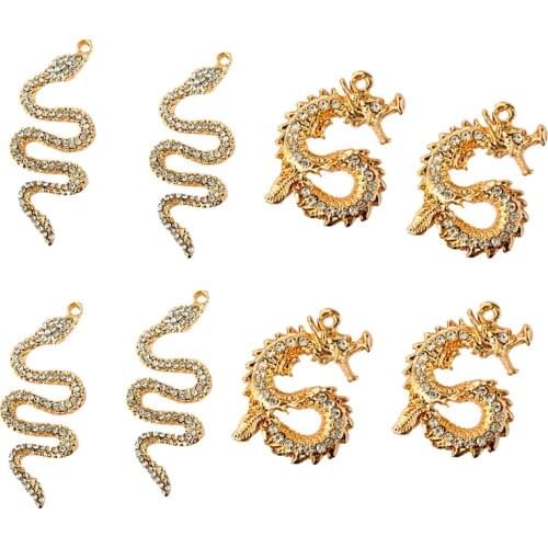 10Pcs Golden Dragon Snake Charms Bling Rhinestone Animal Alloy Pendants For Jewelry Making DIY Necklace Earring Craft Supplies