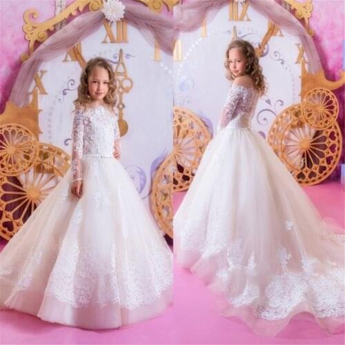 Romantic Elegant White Flower Girl Dresses Lace Applique Long Sleeve For Weddings Girl Tulle Communion Pageant Party Dresses