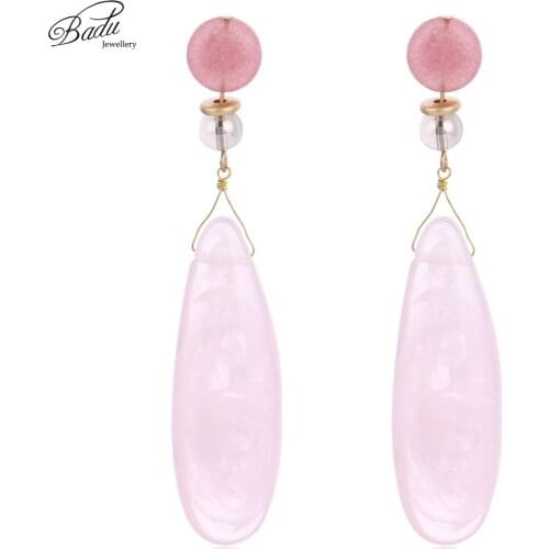 Badu Pink Natural Stone Pendant Earring Lovely Elegance Jewelry Heavy Hyperbole Earrings for Women Fashion Wholesale