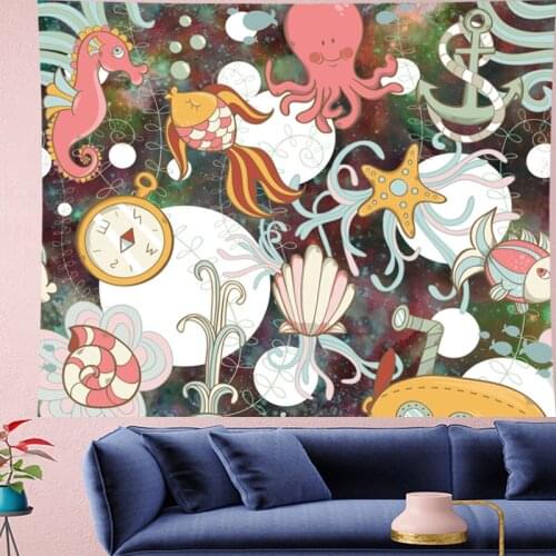 Cute Jellyfish Seahorse cartoon wall hanging Underwater World Childrens kids room tapestry psychedelic Wall Tapestry GN.PAPAYA