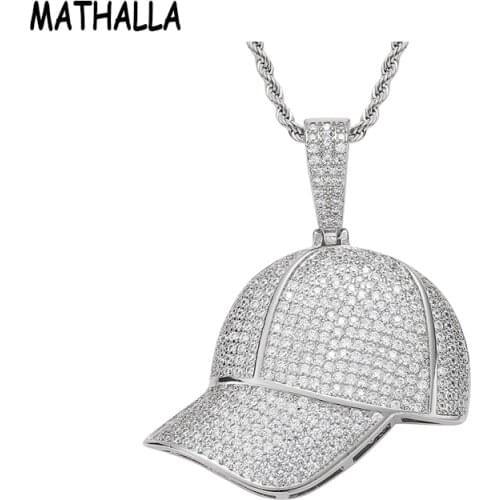 MATHALLA Hip-Hop Jewelry Baseball Cap Pendant Covered with Zircons and Chain Necklaces Mens Pendants Womens Necklaces