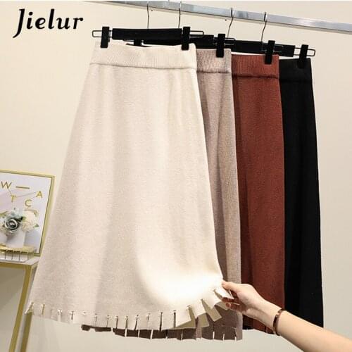 Jielur Autumn Winter New Skirts Womens Knitted Elastic Waist Solid Color Jupe Femme High Waist Skirt Faldas Mujer Moda 2021