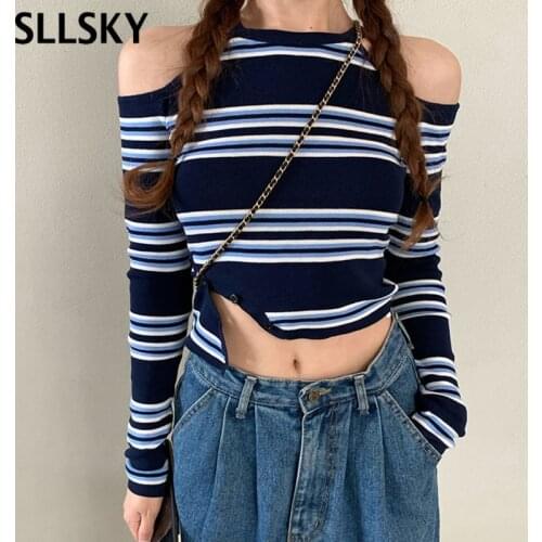 SLLSKY Knitting Stripe Womens T-Shirt Off Shoulder Fashion Cropped Tops Summer Streetwear Irregular Female Halter Collar Tops