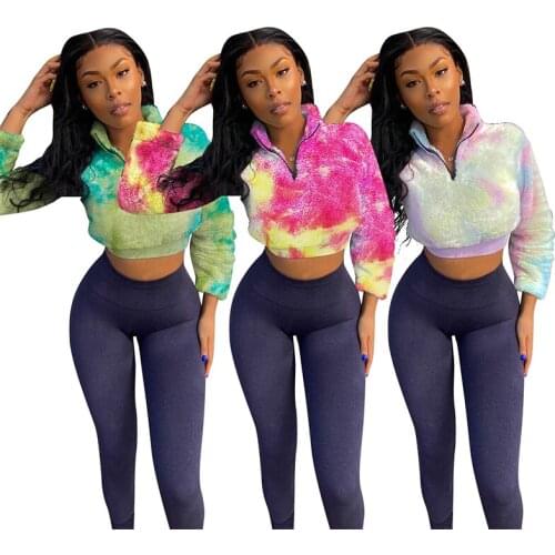 2021 Autumn Winter Women Tie-dye Printing Sets Stand Neck Zipper Lamb Wool Tops + High Waist Pants Tracksuits Two Piece Set