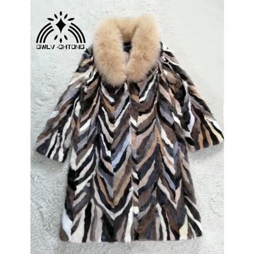 Genuine real natural mink fur coat with fox fur collar womens fashion x-long mulit-color colorful jacket ladies overcoat
