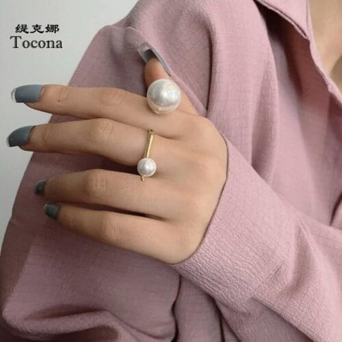 Tocona Elegant Pearl Stone Gold Joint Ring for Women New Trendy Alloy Metal Opening Ring Party Jewelry Wholesale Allilo 19899