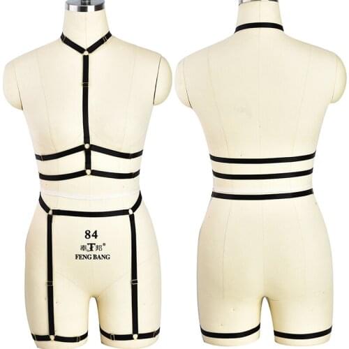 Women Sexy Lingerie Rave Goth Body Harness Crop Top Black Cage Bra Fetish Bondage Set garter belt Pole Dance