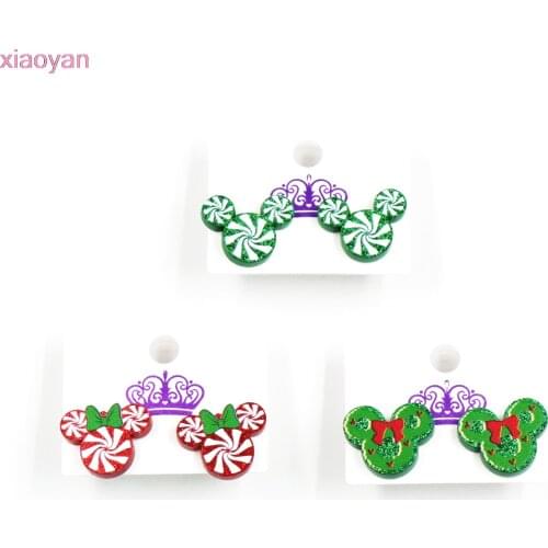 1pair) ER1130-18mm Christmas Stud Earrings Mouse Head With Bow Glitter Acrylic Earrings