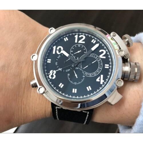 50mm GEERVO right hand style crown black dial Automatic Self-Wind movement Auto Date Mens watch cow Leather strap PA168-P8