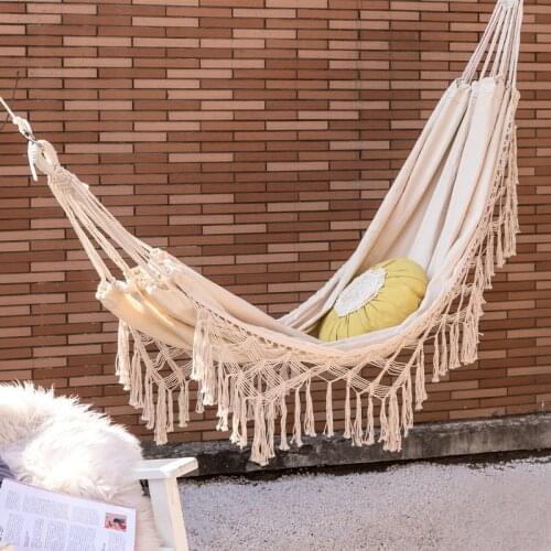 Double hammock Portable Canvas Hammock Travelling Outdoor Picnic Wooden Swing Chair Camping Hanging Bed Garden Furniture white