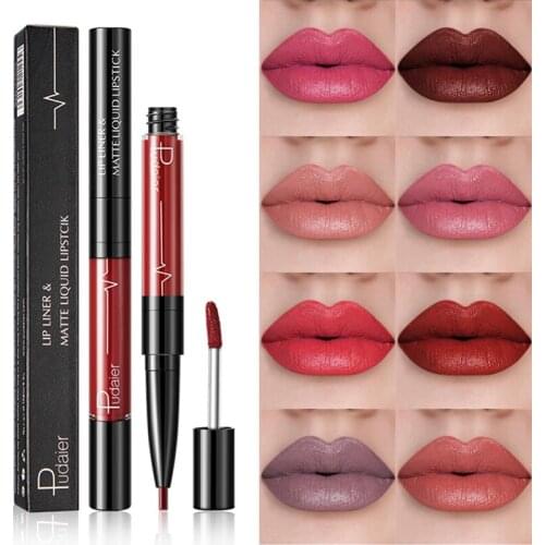 Pudaier 16 Color Double-ended Lipstick Lips Makeup Easy to Wear Matte Lip Gloss Lipliner Pencil Red Nude Liquid Lipsticks