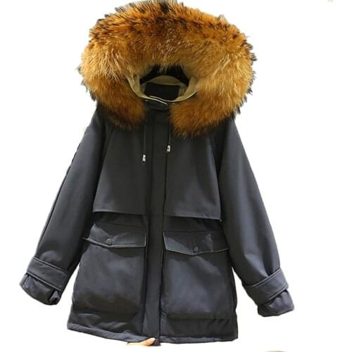 FTLZZ Winter Duck Down Jacket Women Large Raccoon Fur Hooded Parkas Thick Warm Snow Coats Natural Fox Fur Overcoat Puffer Parka