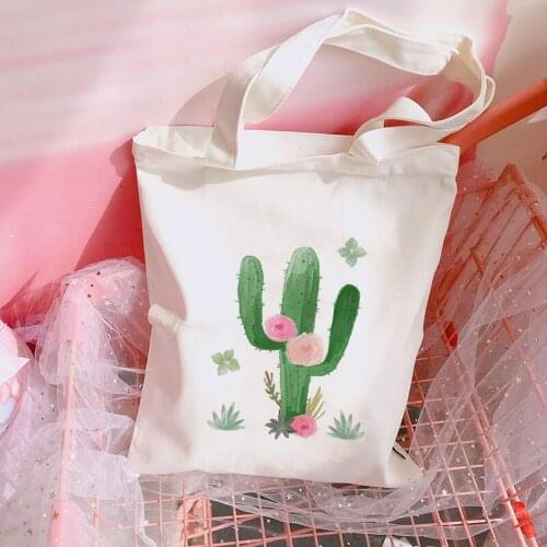 Watercolor Cactus Canvas Shoulder Bag Cactus Printing Shopping Bag Lady Handbag Reusable Large Capacity Tote Bags