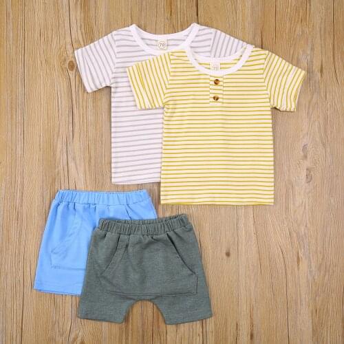2Pcs Creative Little Boys Outfit, Summer Toddlers Round Collar Short Sleeve Striped Top + Solid Color Pocket Shorts Set