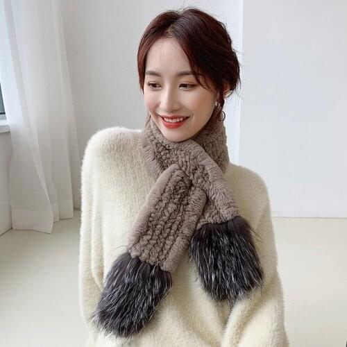 Lantafe Winter Scarfs Womens Scarf Real Fur Rex Rabbit Fur Fox Fur Decoration Stitching Color Warm Weaving Process