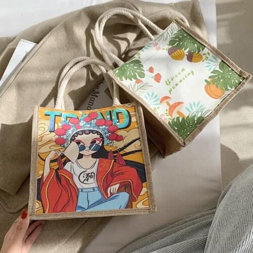 Retro Small Handbag Designer Printing Burlap Women Fashion Tote Bags Reusable Pouch Cartoon Jute Hessian Eco Grocery Shopper