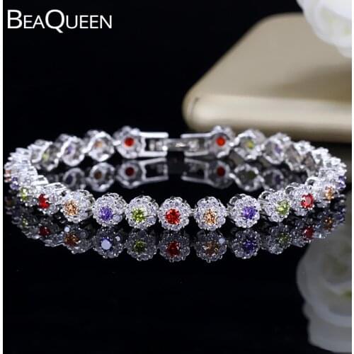 BeaQueen Lovely Colorful Flower Crystal White Gold Color Jewelry Micro Paved Cubic Zirconia Stone Cute Bracelets for Ladies B099