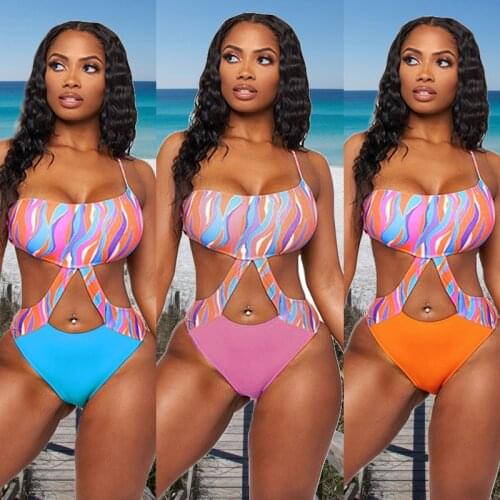 European and American Fashion Womens Single Halter Printed One-piece Swimsuit Sexy One Piece Swim Suits