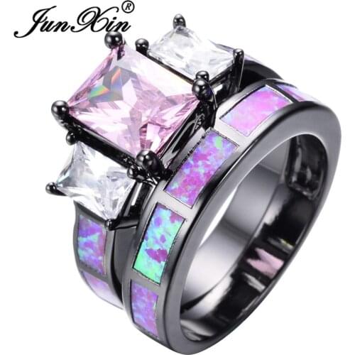 JUNXIN Lovely Pink Fire Opal Ring Sets For Women Men Black Gold Filled Wedding Party Engagement Promise Ring Valentines Day