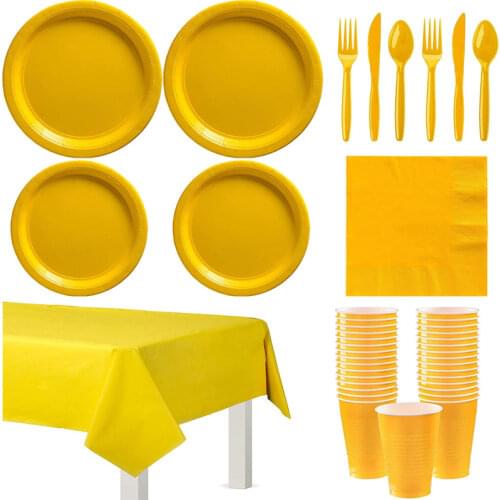 Pure Yellow Disposable Plastic Party Tableware Cup Plate Napkin Kids Birthday Party Decor Wedding Adult Supplies Christmas Party