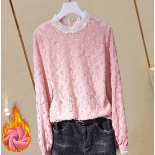 Solid Lace Thicken Warm Women Blouse O-Neck Long-Sleved Slim Office Lady Elegant Pulls Outwear Tops