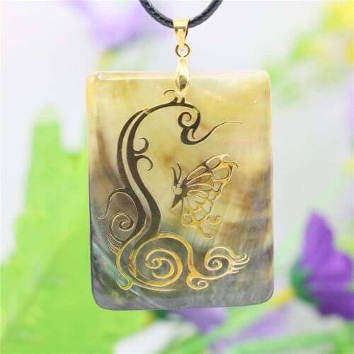 46X48mm Butterfly On The Rattan Square Mirage Natural Abalone Sea Pearl Shells Pendants Necklace Black Rope Chain Women Jewelry