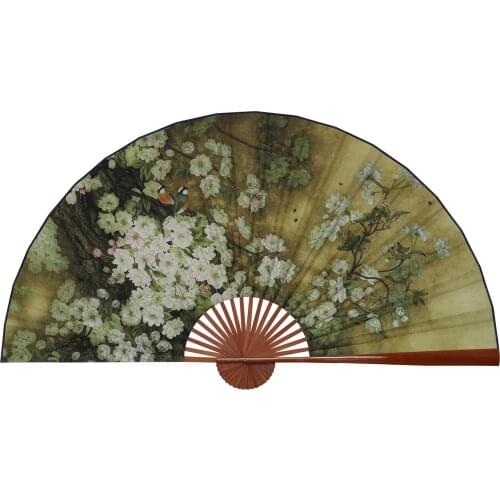 Big Folding Paper Fan Chinese Style Crafts Banboo Frame Background Decorative Fan Hanging Decoration Evening Primrose Pattern