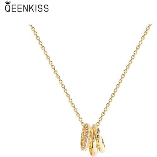 QEENKISS NC725 Fine Jewelry Wholesale Fashion Woman Girl Birthday Wedding Gift Three-circle Zircon 18KT Gold Pendant Necklace