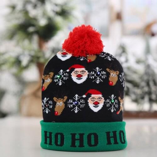LED Christmas Hat Knitted Xmas Elk Snowman Light Up Children Adults Beanie Cap Kids Girl Solid Knitted Beanies Caps