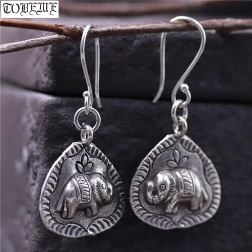Handcrafted 100% 925 Silver Elephant Earrings Thailand Silver Women Earrings Pure Silver Bohemia Drop Earrings Good Luck