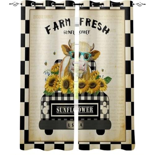 Farm Truck Plaid Sunflower Cow With Sunglasses Vintage Blackout Curtains For Bedroom Kids Room Window Curtains for Living Room